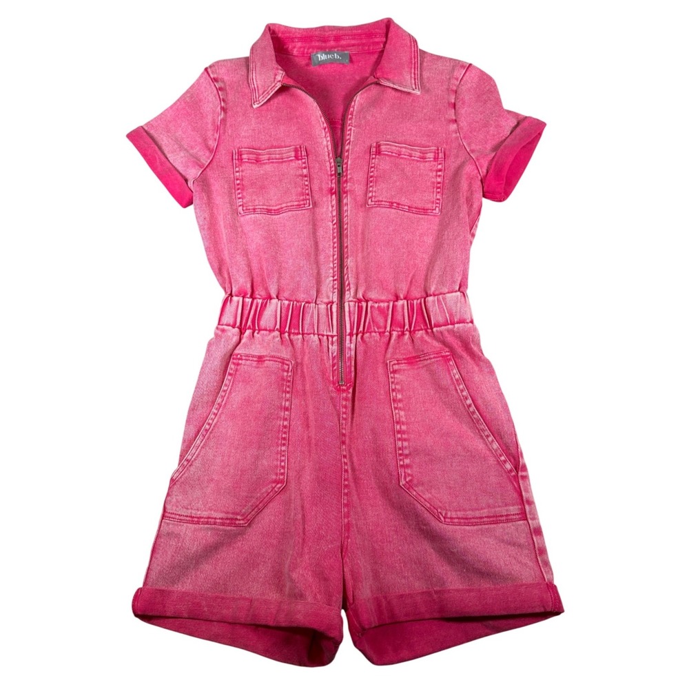 Blue B Pink Denim Utility Romper Small Zip Front Acid Wash Barbie 80s